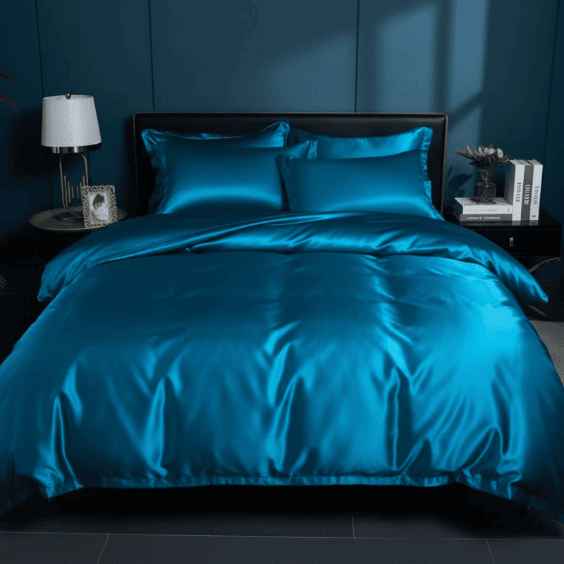 Luxe zijden beddengoed set voor ultiem slaapcomfort. Zacht moerbeizijde in elegante slaapkamer.