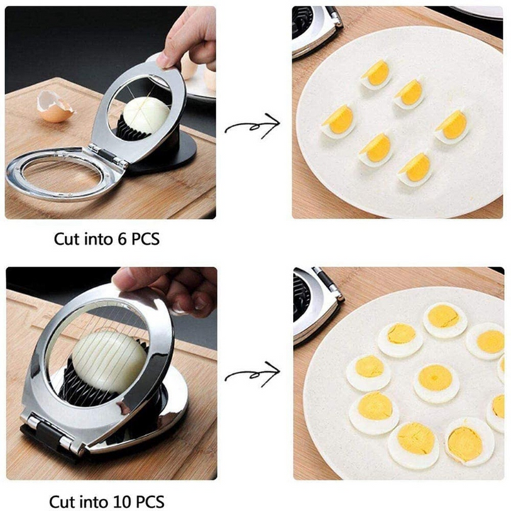 Deze veelzijdige RVS eiersnijder in actie, creëert nette partjes ei voor maaltijdbereiding in de keuken.