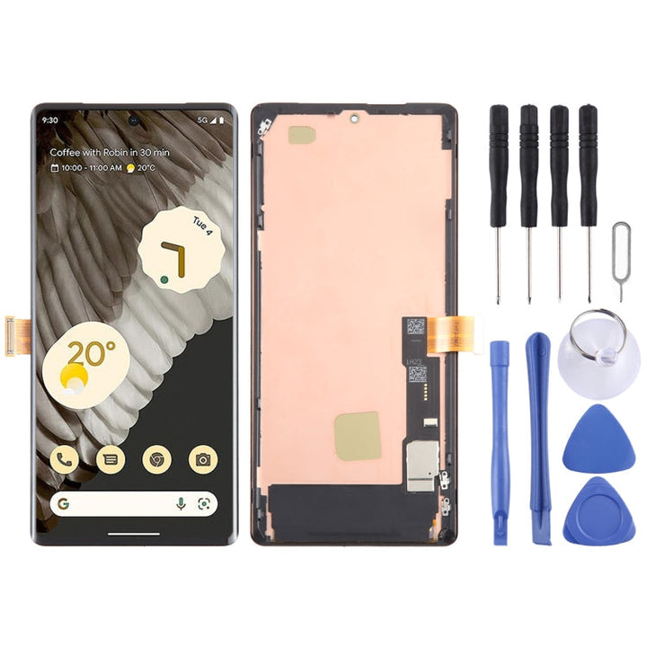 Google Pixel 7 Pro OLED schermset met frame en gereedschap, compleet voor telefoon reparatie.