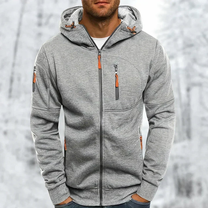 Comfortabele MetroFlex herenmode: stijlvolle hoodie met rits en capuchon voor een moderne casual look.