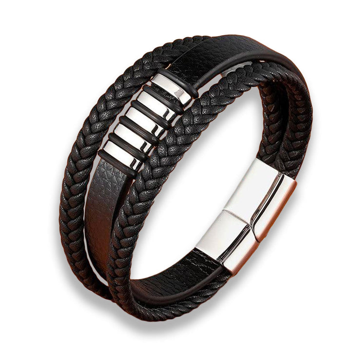 Zwarte lederen herenarmband met roestvrijstalen magnetische sluiting. Stijlvol mannen sieraad.