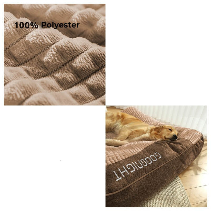 Comfortabel XL hondenbed in bruin, afneembare hoes, machinewasbaar voor hygiëne.