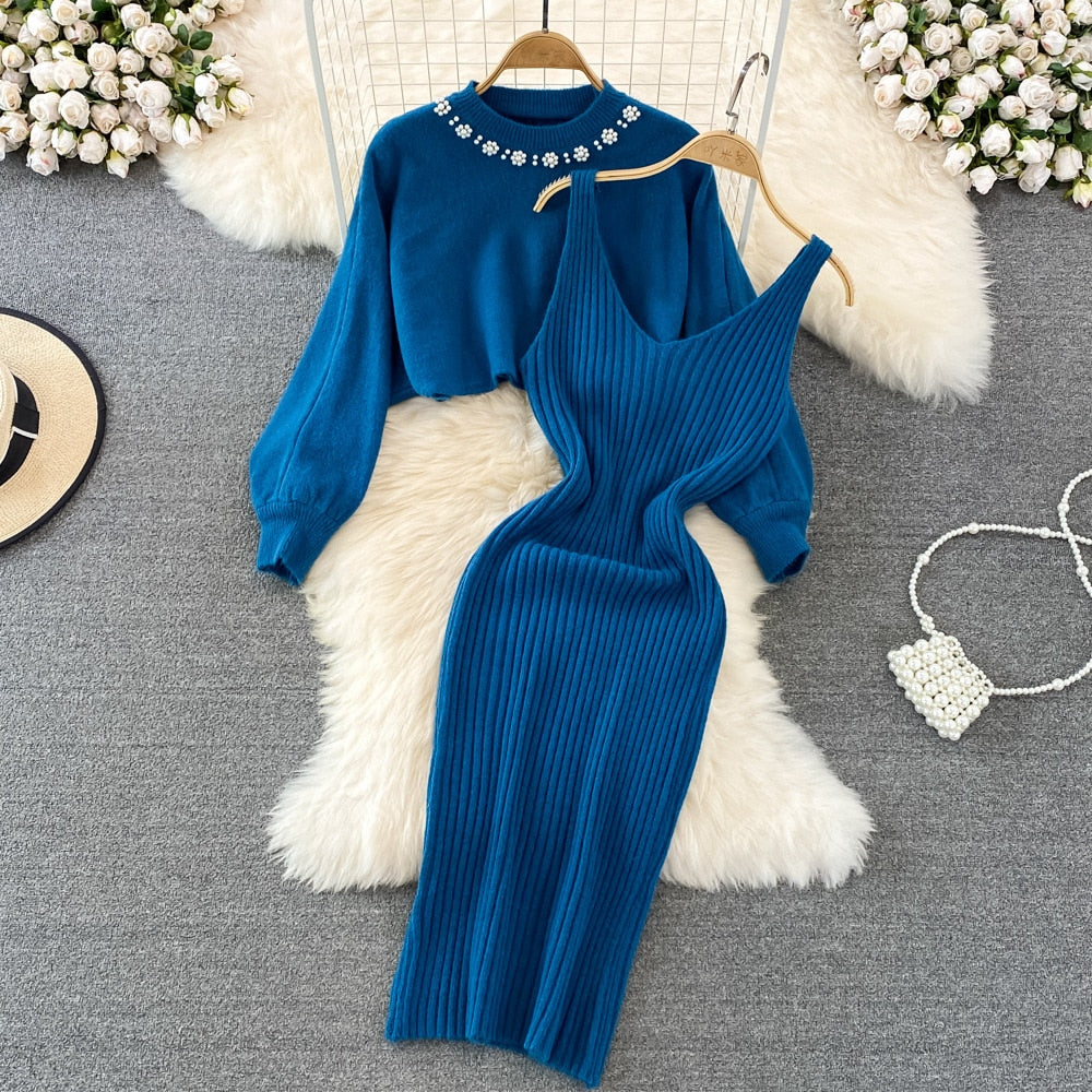 Casual-chique 2-delige dames set, trui en bodycon jurk, perfect voor elke dag.