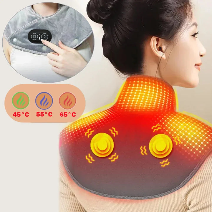 Verwarmd nek- en schoudermassagekussen met vibratie, voor diepe ontspanning en pijnverlichting.