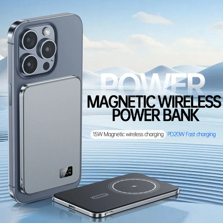 Draadloze magnetische powerbank met LED scherm. Compacte, slimme oplader voor onderweg.