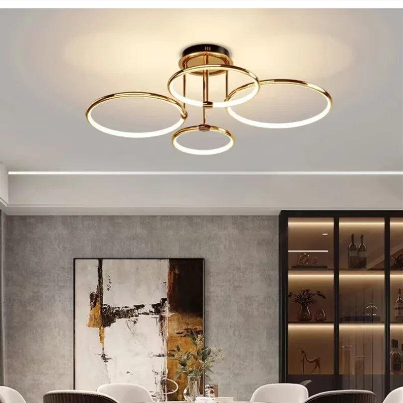 Woonkamer LED plafondlamp, zwarte ringlamp met geometrisch en modern verlichtingsdesign.