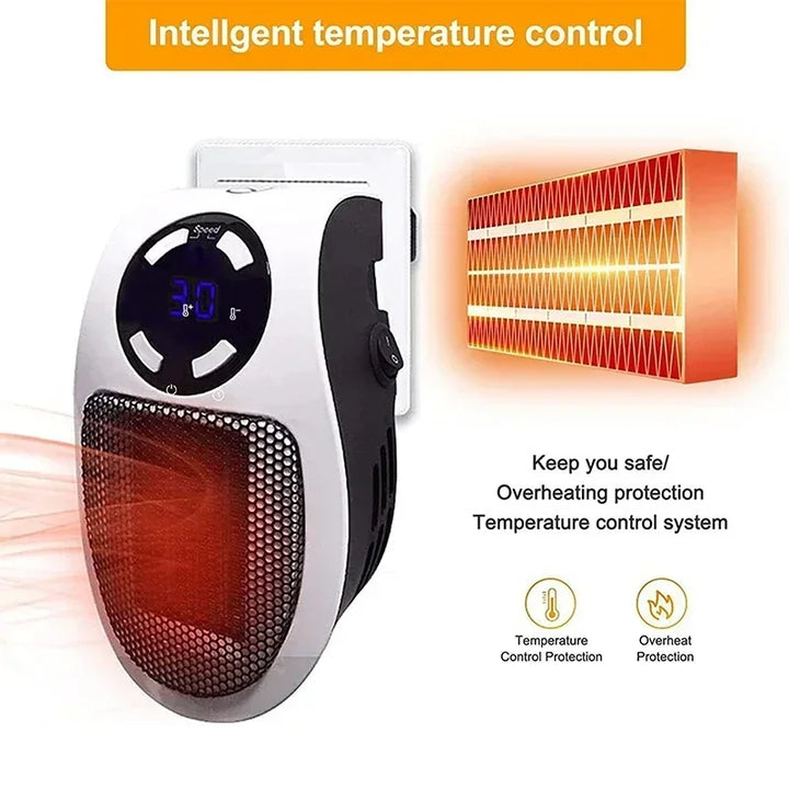 Compacte wandverwarming met afstandsbediening, LED display en timer. Ideaal voor slaapkamer of kantoor.