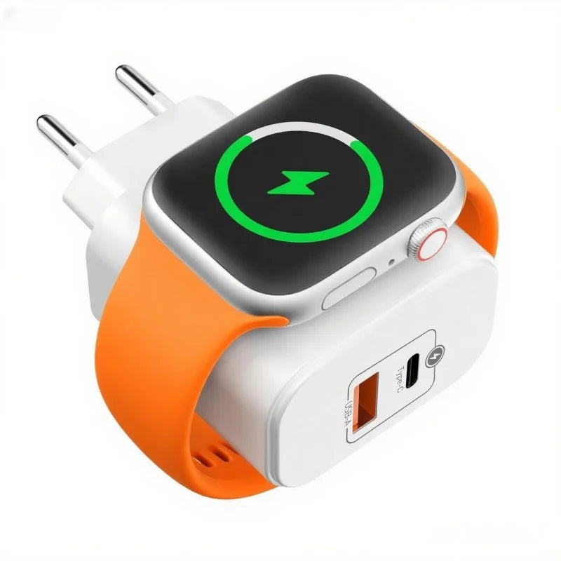 Compacte witte 3-in-1 draadloze oplader voor iPhone, Apple Watch. Snel PD20W laden, ideaal voor reizen.