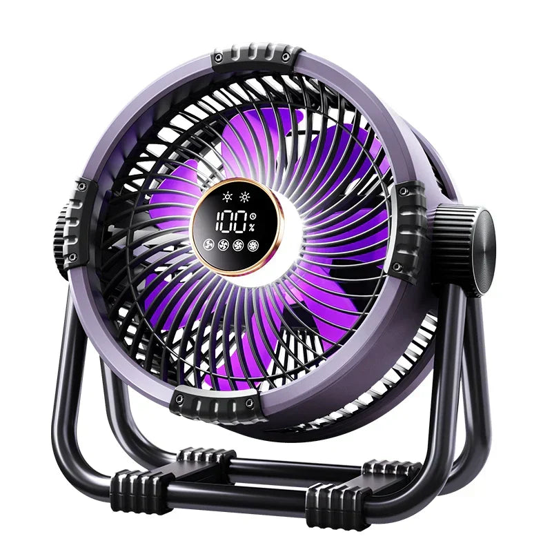 Compacte accuventilator met LED lamp, ideaal voor outdoor, kamperen en als powerbank op reis.