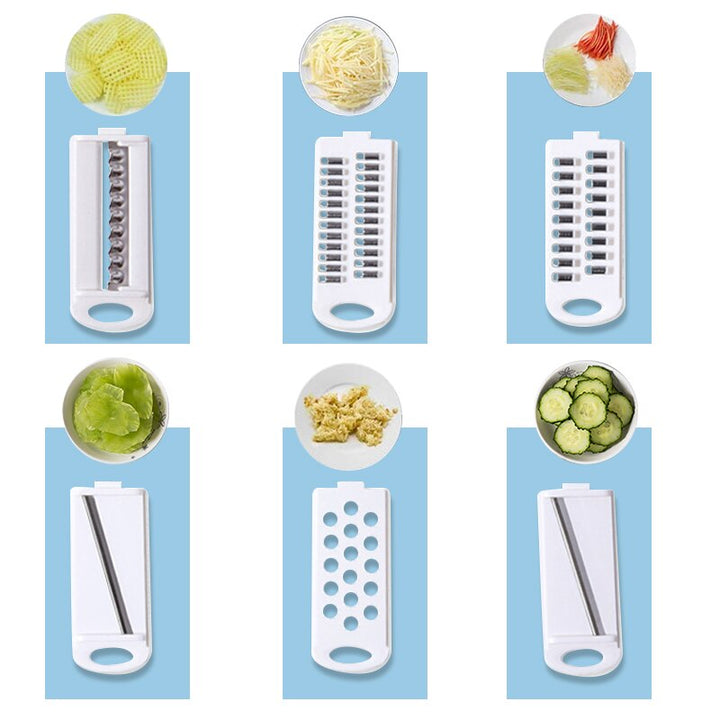 Compacte 12-in-1 keukensnijder voor groenten en fruit; bespaart tijd en ruimte in elke keuken.