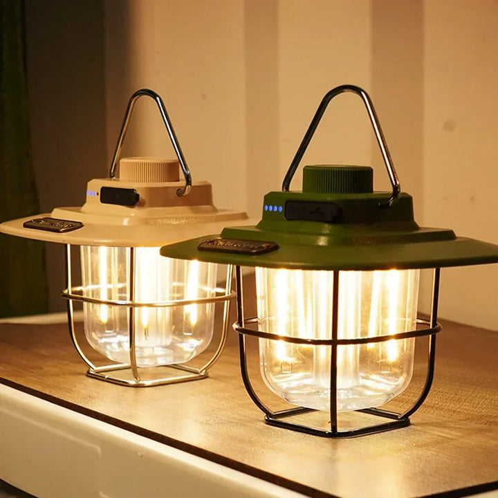 Stijlvolle retro LED campinglantaarn, oplaadbaar en draagbaar, met nostalgische uitstraling outdoor.