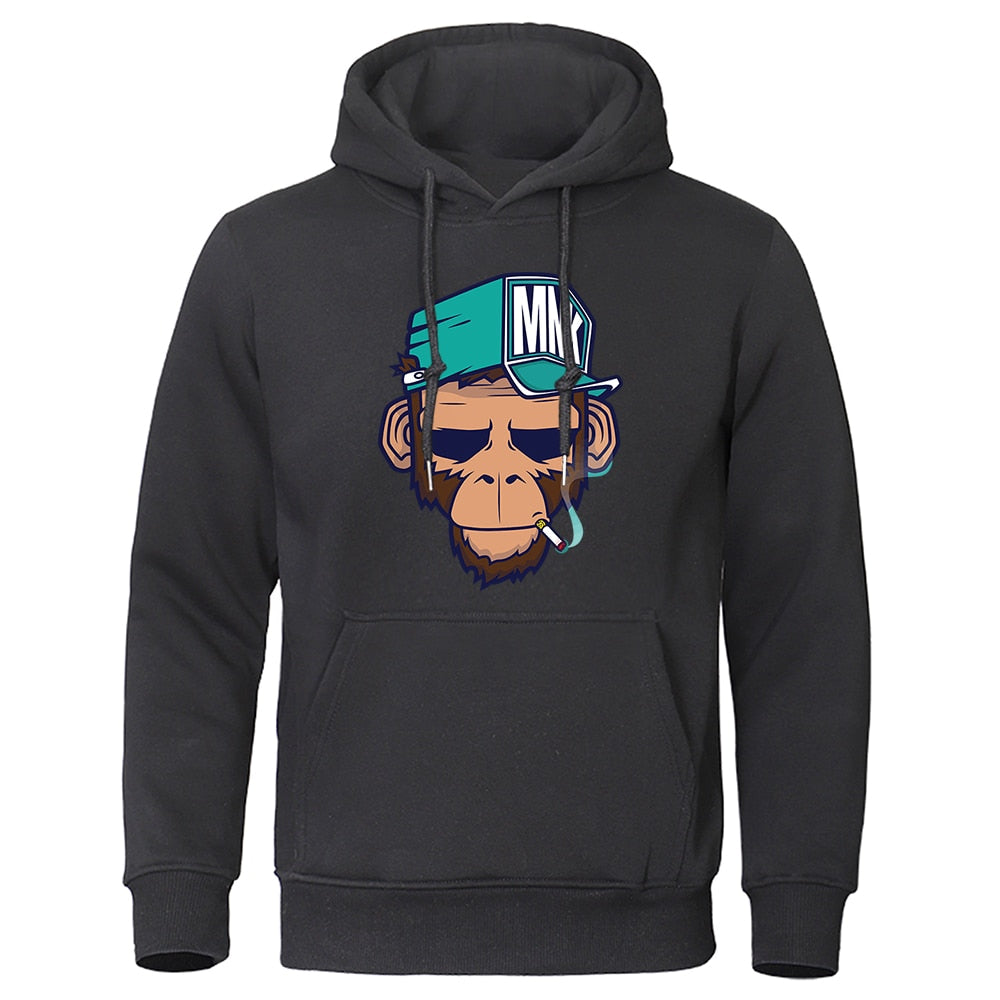 Comfortabele warme heren hoodie met capuchon en uniek aap design, ideaal als wintertrui.
