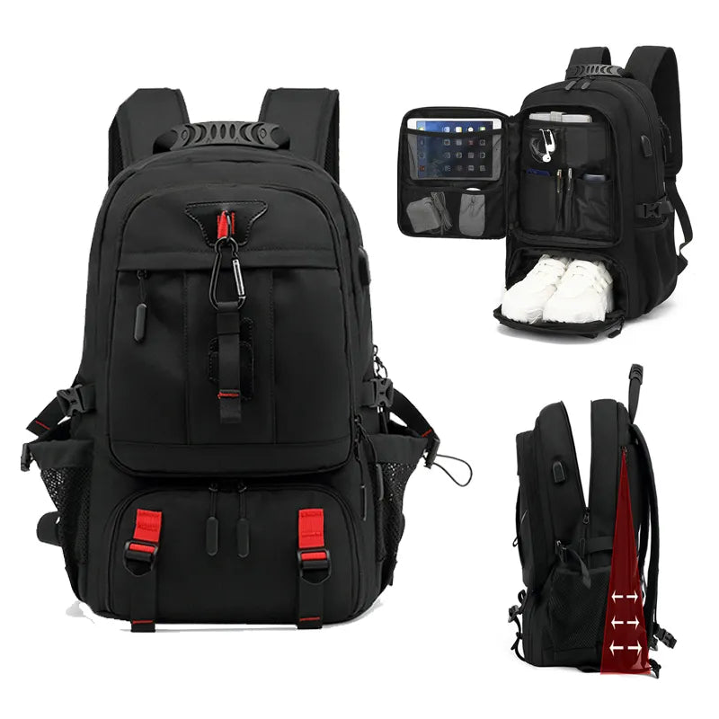 Unisex Tech Trek Pro rugzak, waterafstotend met USB-poort, ideaal als reis- of outdoor backpack in 50L-80L.