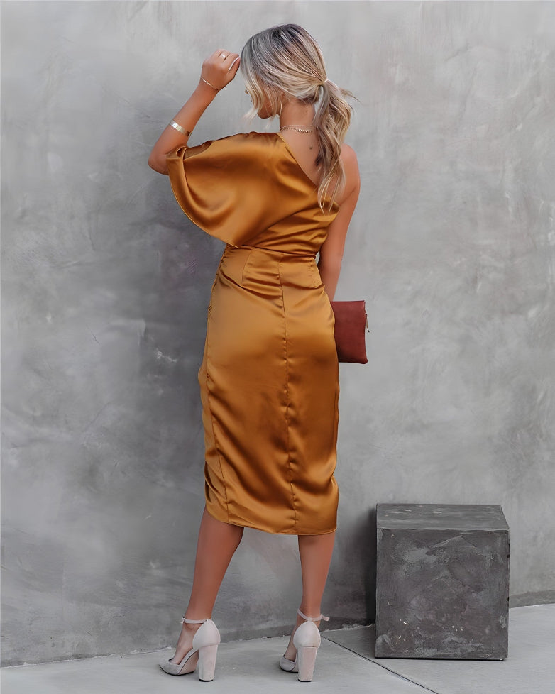 Asymmetrische off-shoulder avondjurk van stretch polyester, elegante vrouwenmode.