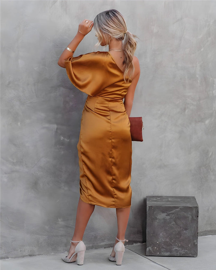 Asymmetrische off-shoulder avondjurk van stretch polyester, elegante vrouwenmode.