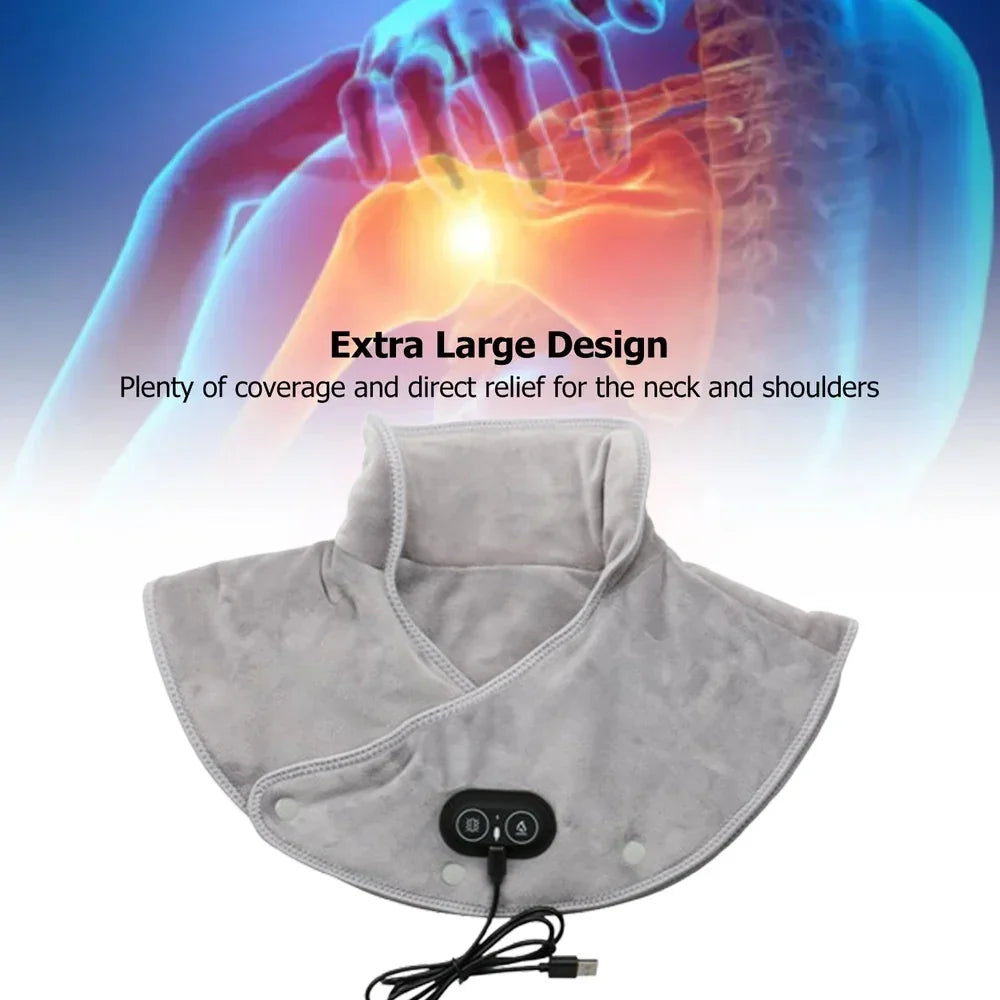 USB-verwarmd massagekussen met pluche stof, biedt warmte en vibratie voor nek- en schoudertherapie.