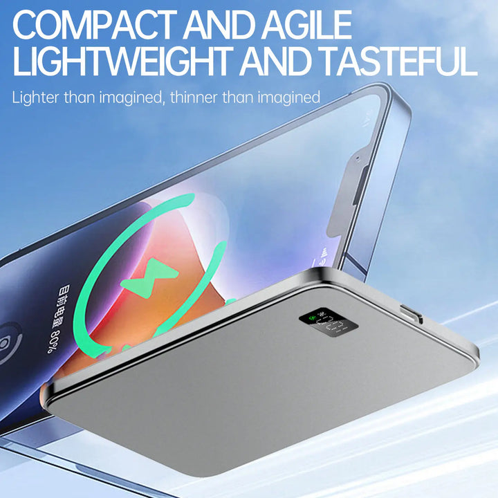 Compacte draadloze powerbank, magnetisch, met LED display. Perfecte mobiele oplader voor reizen.