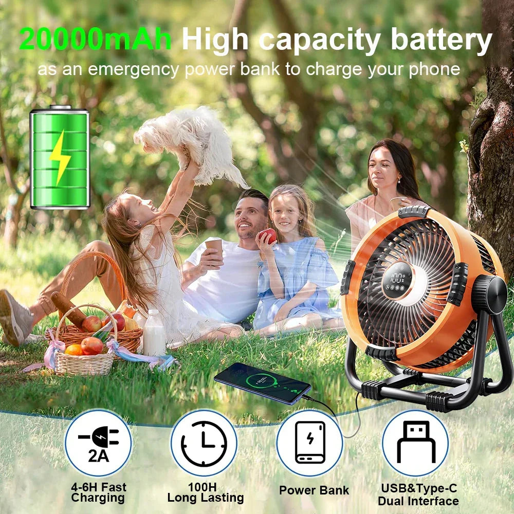 Multifunctionele accu ventilator met ingebouwde powerbank, LED verlichting en afstandsbediening voor kampeerders.