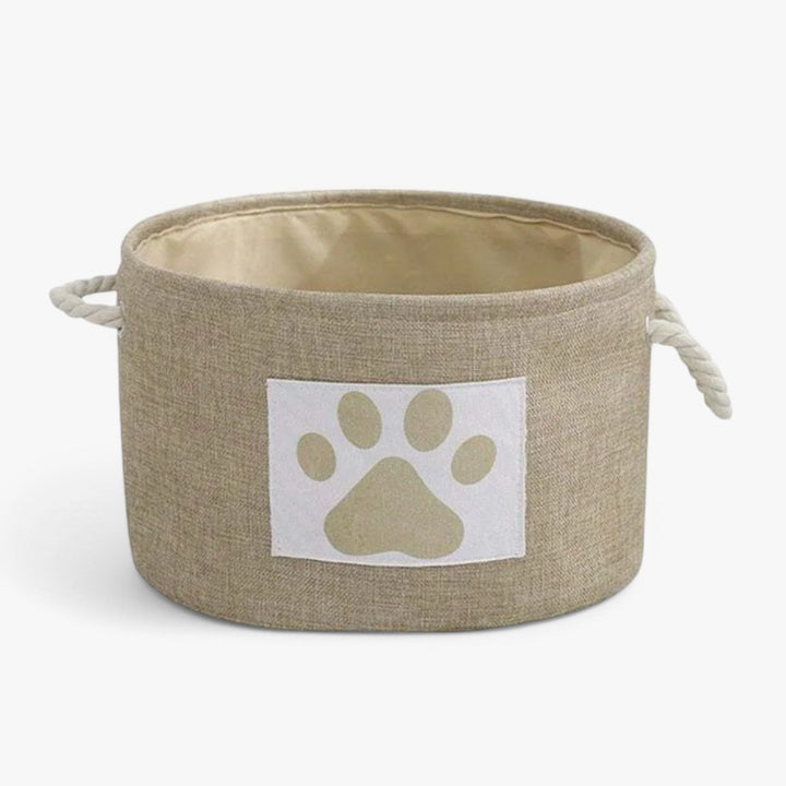Stijlvolle opvouwbare speelgoedmand Livia voor honden in modern interieur. Gemaakt van katoen met touw handgreep.