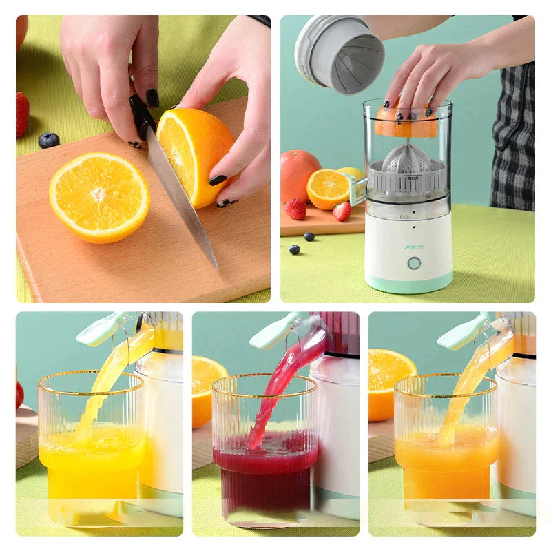 Compacte draadloze citruspers in actie, perst snel en efficiënt vers sinaasappelsap; ideaal voor gezond ontbijt.