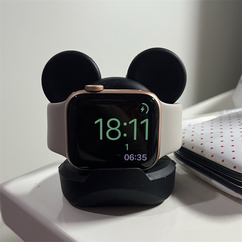 Zwarte siliconen Apple Watch oplader houder dock.