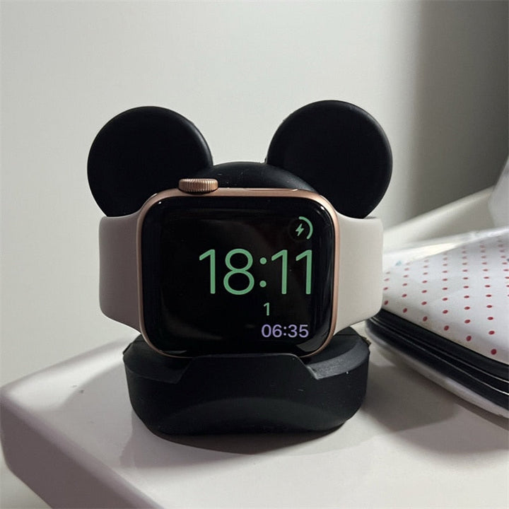 Zwarte siliconen Apple Watch oplader houder dock.