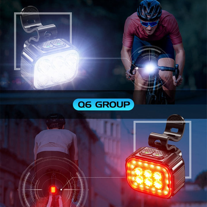 LED fietslampen gemonteerd op fiets: heldere voor- en achterverlichting voor veilige en zichtbare nachtfietsen.