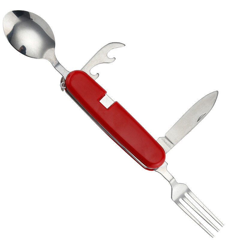 Draagbare roestvrijstalen 4-in-1 bestekset, ideaal voor reizen, kamperen en picknicks.