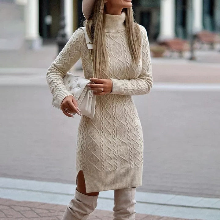 Elegante dames coltrui jurk, gebreid met lange mouwen, perfect voor dagelijkse wintermode.