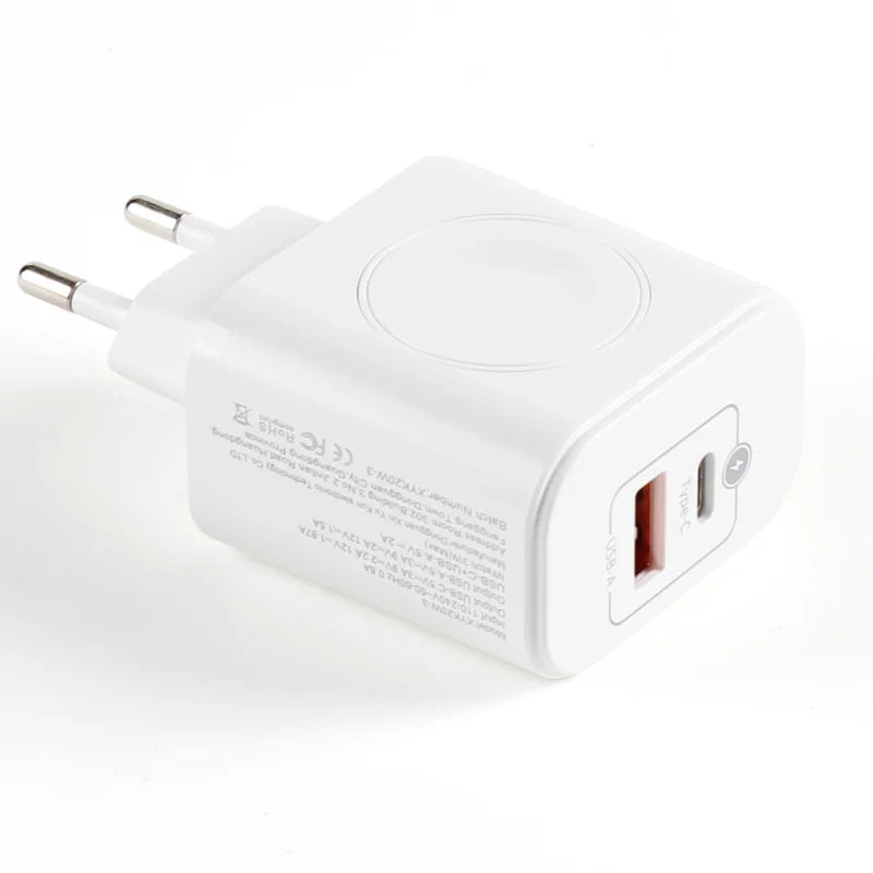 Stijlvolle zwarte 3-in-1 draadloze snellader. Laadt iPhone, Apple Watch en andere apparaten op. PD20W USB-C.
