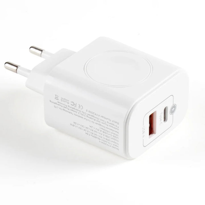 Stijlvolle zwarte 3-in-1 draadloze snellader. Laadt iPhone, Apple Watch en andere apparaten op. PD20W USB-C.