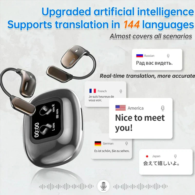Gedetailleerde close-up van de ergonomische Lexora realtime vertaal-oordopjes; comfortabel en innovatief.