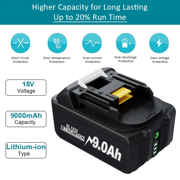 Vervangende Makita 18V 9.0 Ah Li-ion accu. Ideale upgrade voor langdurig gebruik van elektrisch gereedschap.