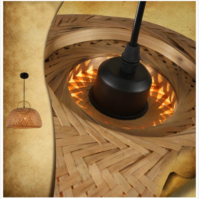 Handgemaakte bamboe hanglamp, ideaal voor boho of Scandinavische interieurstijlen.