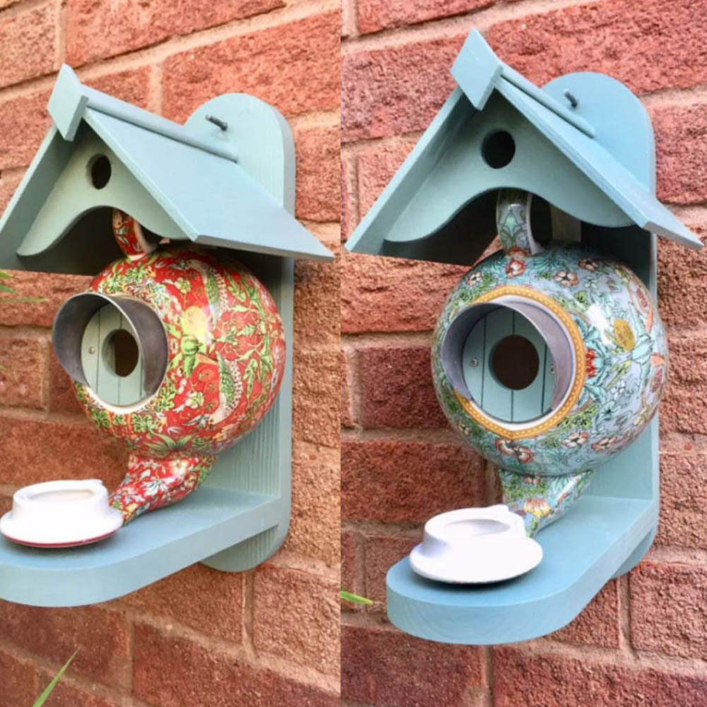Decoratief theepot vogelhuisje van keramiek; functioneel vogelvoederhuis voor je tuin, trekt vogels aan.