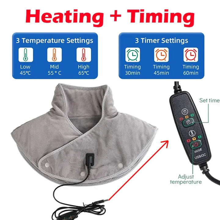 Draagbaar warmtekussen met vibratiemassage en timer, ideaal voor nek- en schoudercomfort. USB-gevoed.
