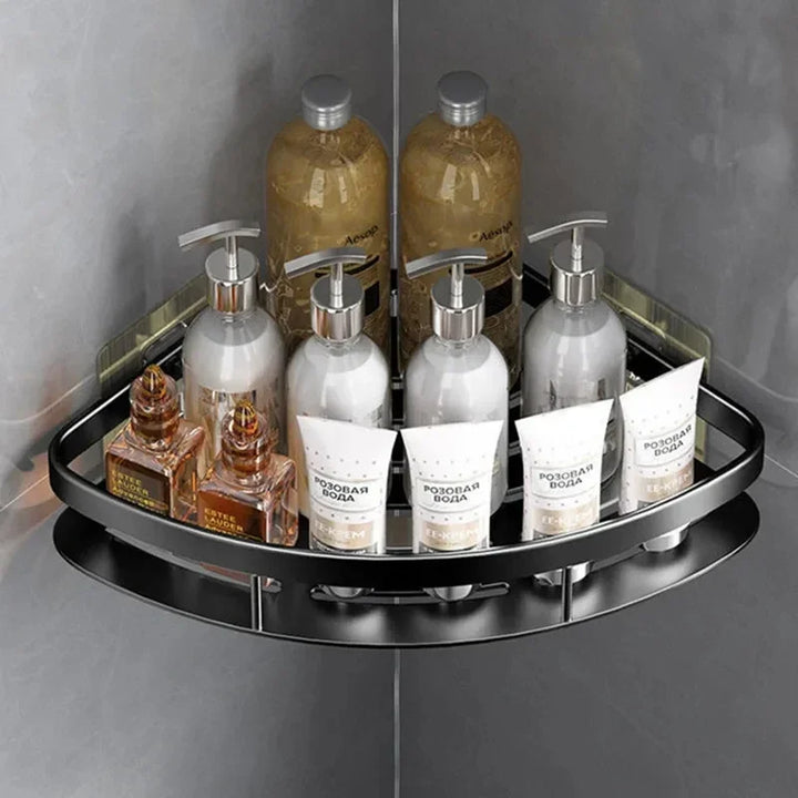 Universeel borenvrij aluminium wandrek voor badkamer of douche. Zilverkleurige, stevige opberger.