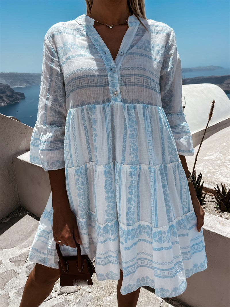 Dames casual jurk: beige boho stijl met ruches, luchtig en perfect voor de zomer.