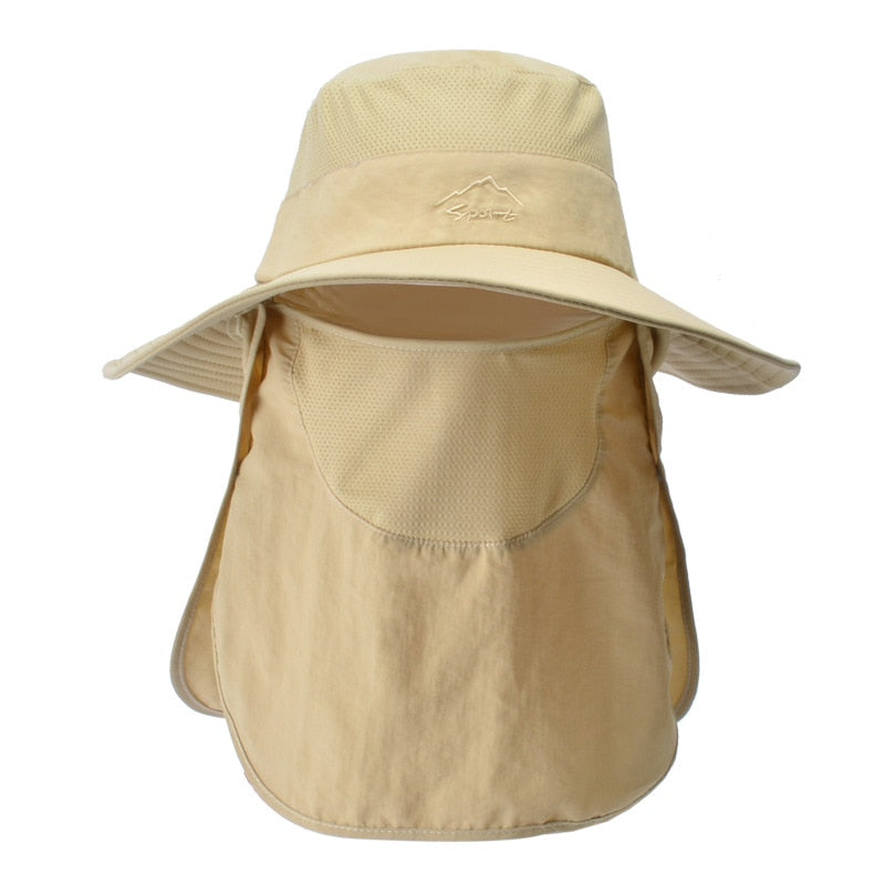 Unisex zonnehoed met nek- en gezichtsbescherming, waterdicht en ademend voor optimale bescherming.