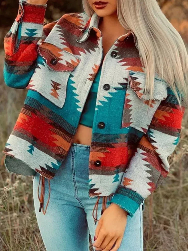 Dames Azteken jas met unieke print, modieus en warm voor herfst en winter. Stijlvolle bovenkleding.