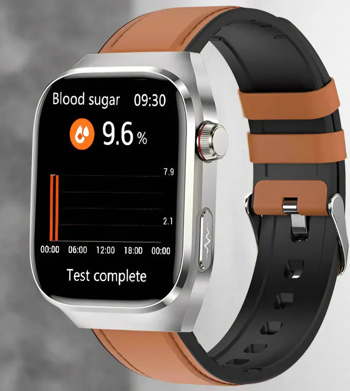 Gezondheidstracker: Smartwatch met nauwkeurige ECG, bloedsuiker en hartslagmetingen. Zwart design.