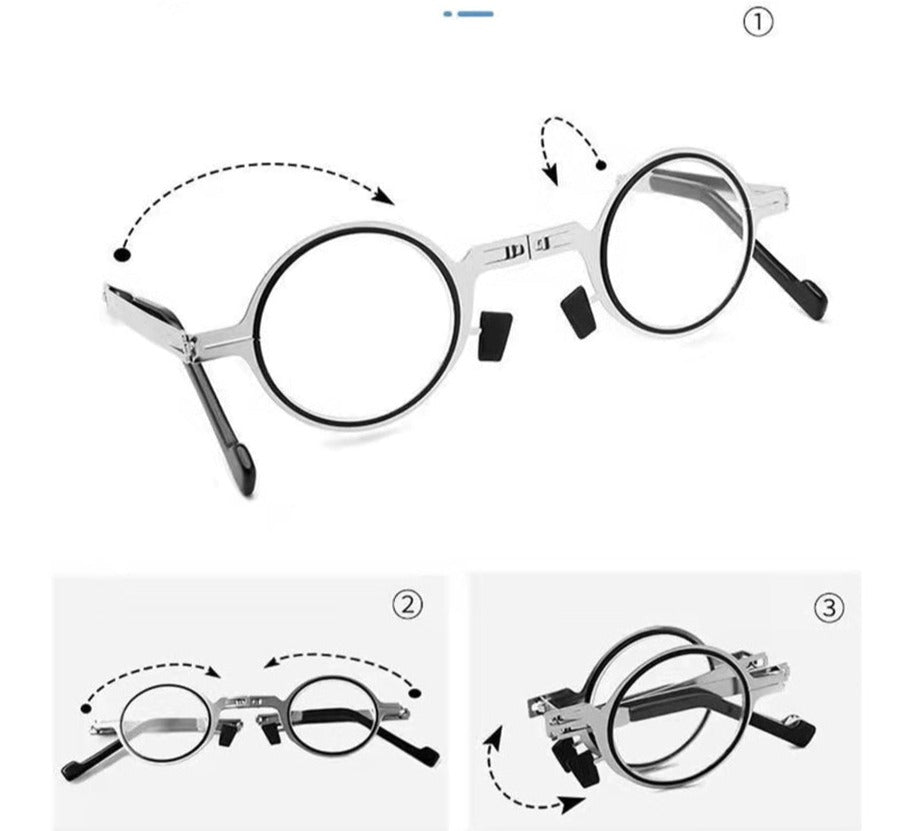 Unisex opvouwbare leesbril compact opgevouwen in de hand, ideaal voor onderweg en leesgemak.