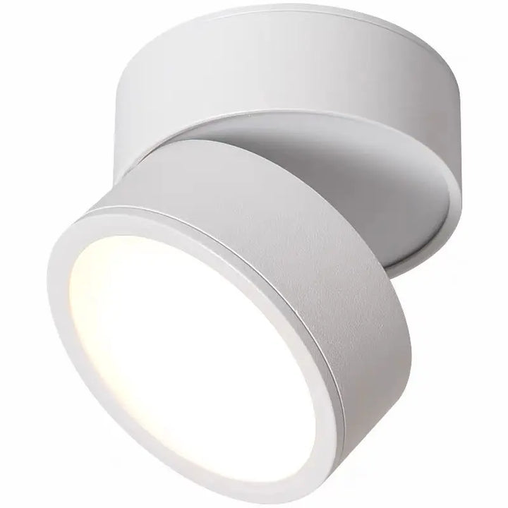 Verstelbare LED plafondlamp gemonteerd in een moderne gang, creëert welkom sfeerlicht.