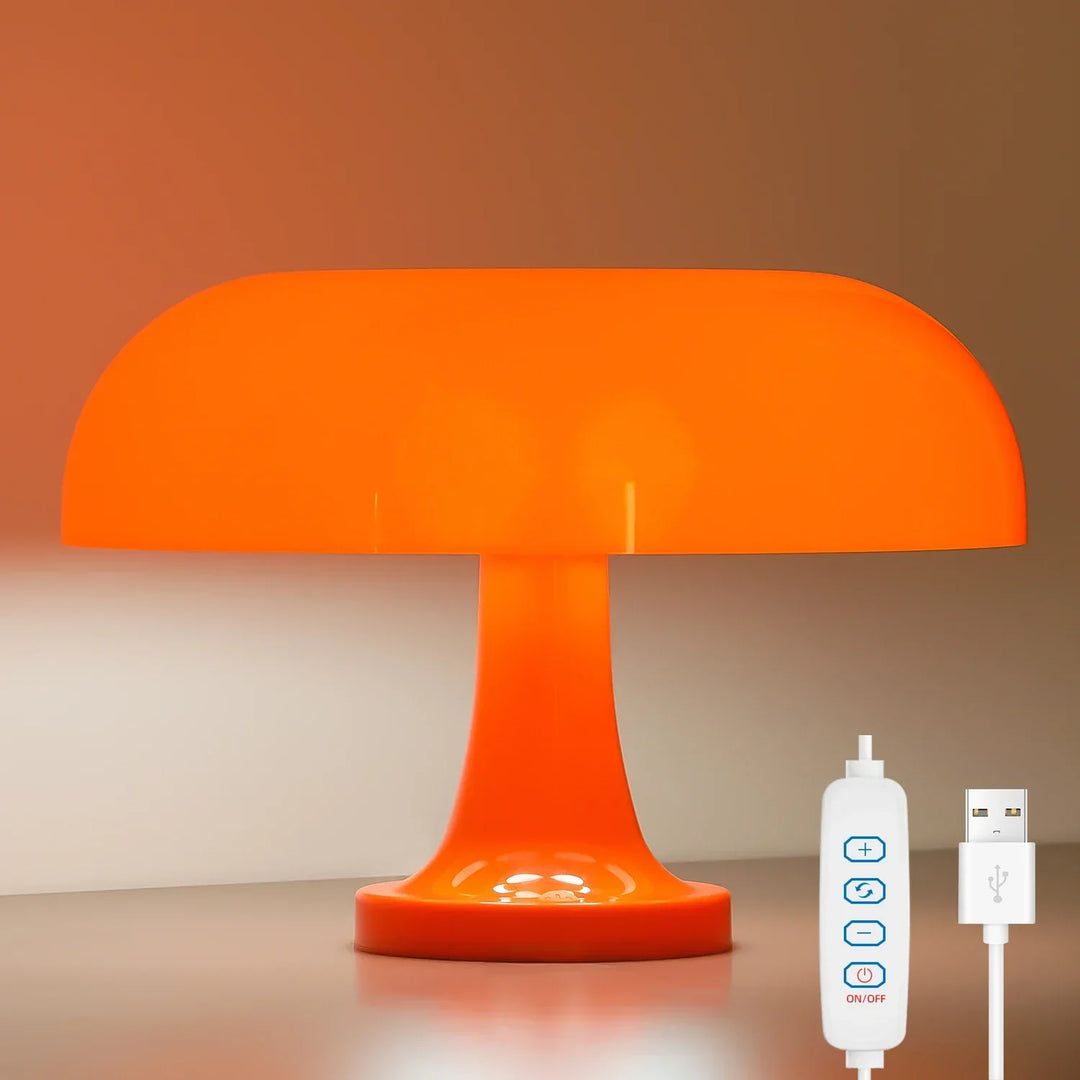 Compacte LED paddenstoel tafellamp, dimbaar en draadloos. Geschikt als sfeervolle nachtlamp of decoratie.