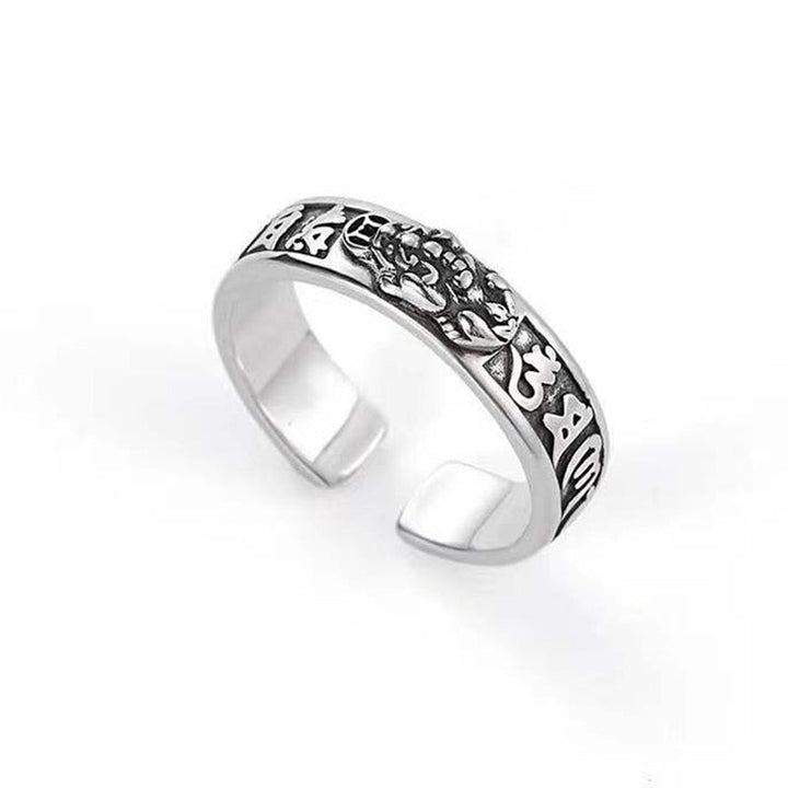 Close-up van de Feng Shui ring, toont gedetailleerd design en mystieke kracht voor geluk en voorspoed.
