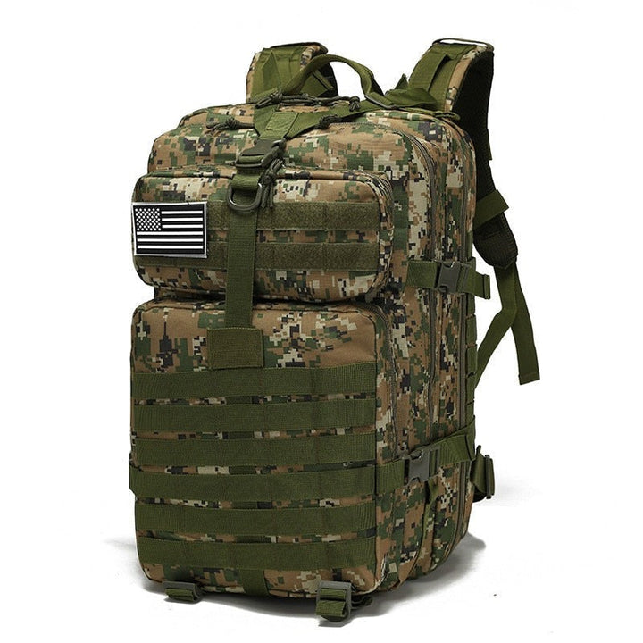 Gedetailleerde afbeelding van de 50L mannen backpack, toont robuuste ritsen en compartimenten.