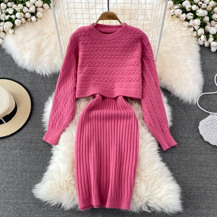 Stijlvolle 2-delige dames set met elegante trui en comfortabele bodycon jurk.