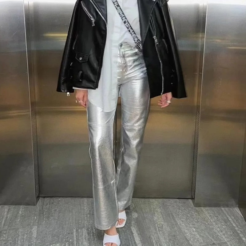 Comfortabele dames metallic broek met hoge taille en losse pasvorm, modieuze eyecatcher.