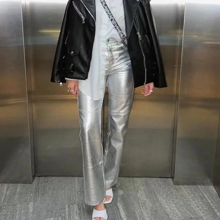 Comfortabele dames metallic broek met hoge taille en losse pasvorm, modieuze eyecatcher.