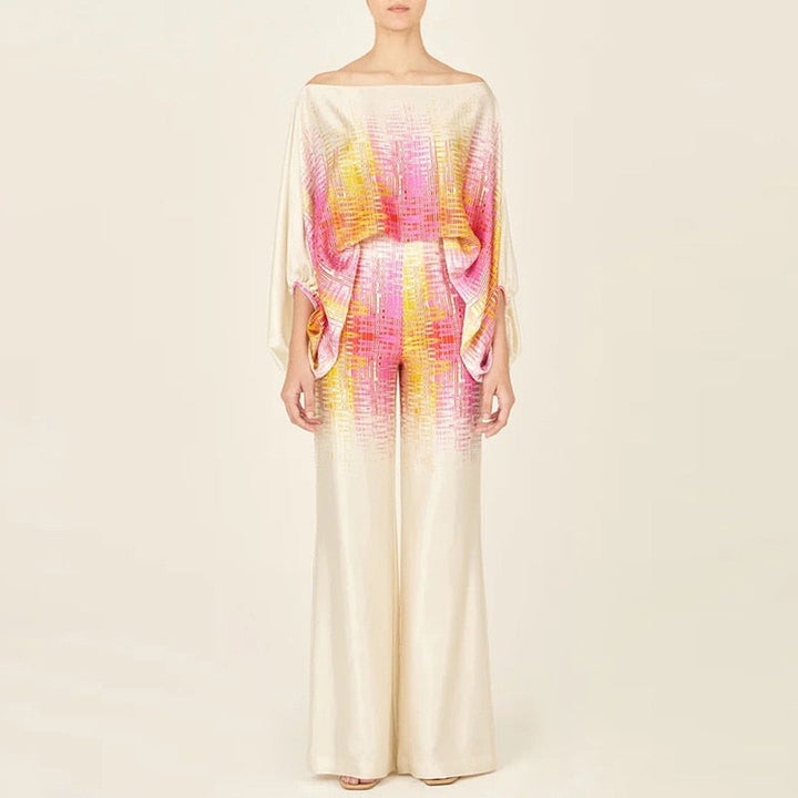 Dames satijnen outfit set; tweedelig, losse pasvorm, regenboogkleuren, elegant, chique zomeroutfit.